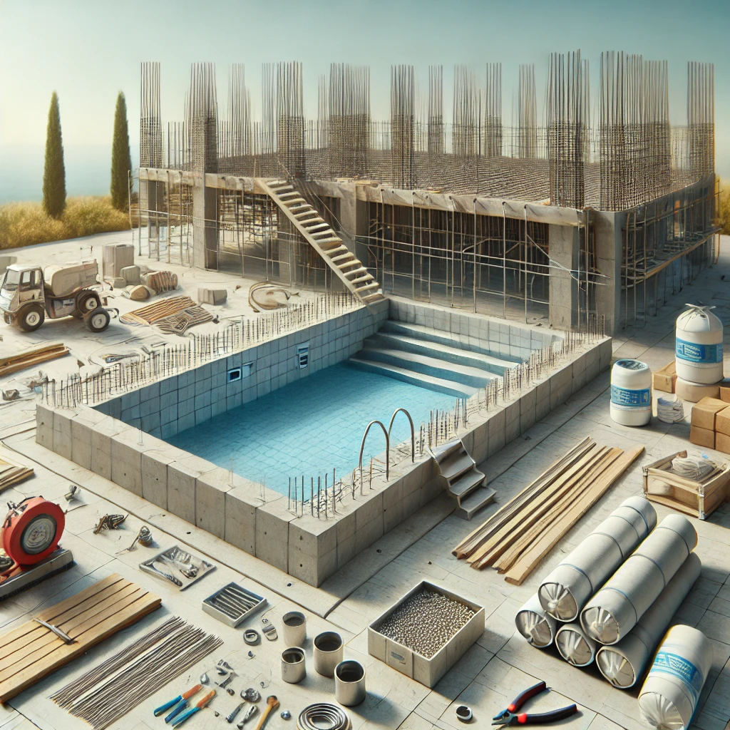 DALL·E 2025-01-29 17.39.05 - A realistic digital image of the construction and execution phase of a swimming pool. The scene shows an unfinished concrete pool structure with visib DALL·E 2025-01-29 17.39.05 - A realistic digital image of the construction and execution phase of a swimming pool. The scene shows an unfinished concrete pool structure with visib